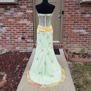 Xcite Prom Mint Green Strapless Embroidered Prom Dress with Pastel Accents